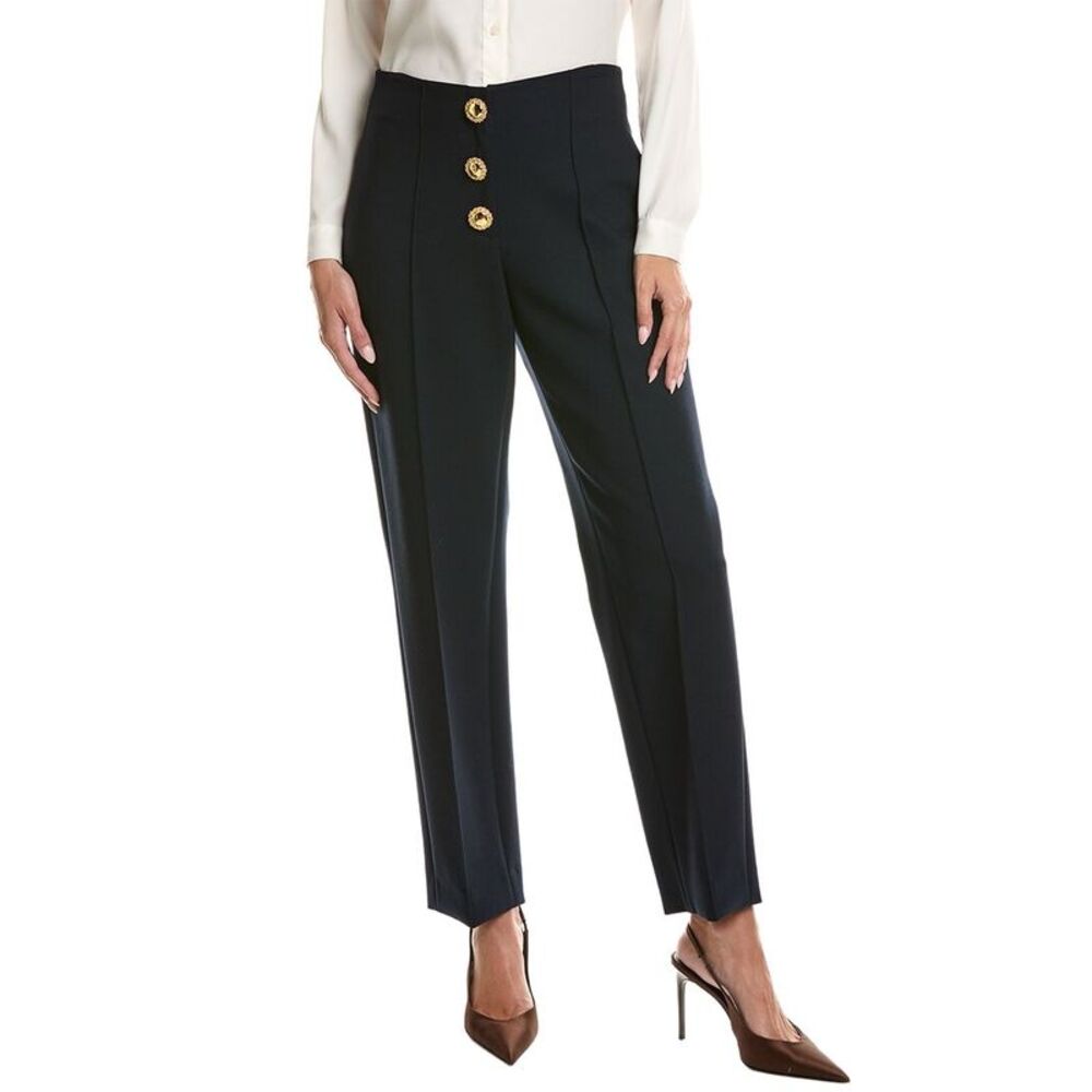 Oscar De La Renta Womens Wool-Blend Button Detail Pant, Navy